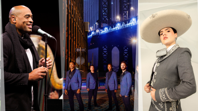 Collage of dancers, dog mid-stunt, vocalist, doo wop group, woman in mariachi attire, violinist, guitarist