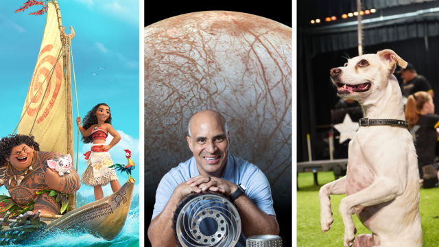 Moana art, Kobie Boykins with planet as background, dog sitting on hind legs, Shrek the Musical