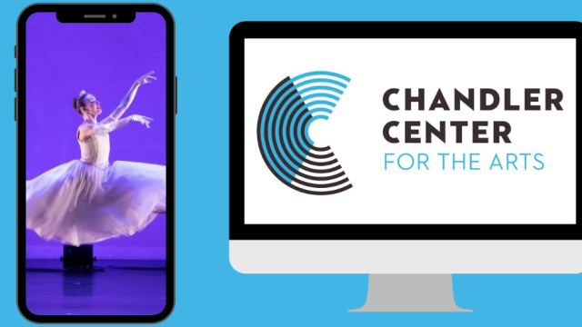 A laptop, mobile phone, desktop, and tablet display CCA Anywhere artists on their screen.
