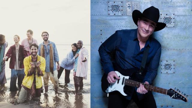 A collage of photos show four performers