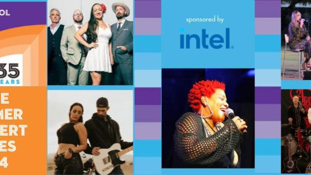 An image proclaims Free Summer Concert Series 2024 with images of three different performers highlighted.