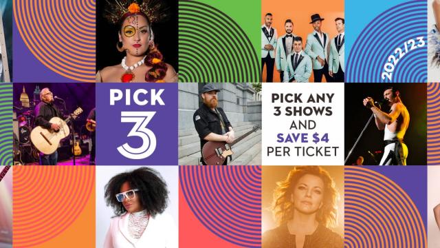 A colorful banner with various artist images and text that says Pick 3