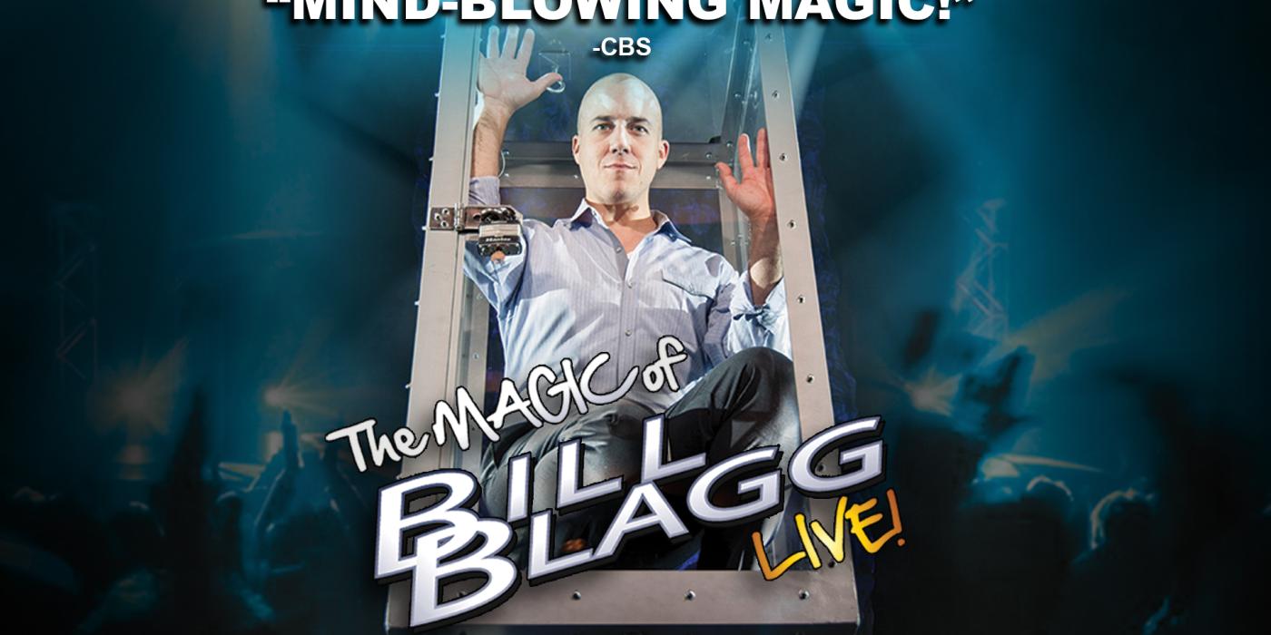 A bald man wears a button up shirt and slacks, sitting in a glass box. Text says "Mind-blowing magic!"