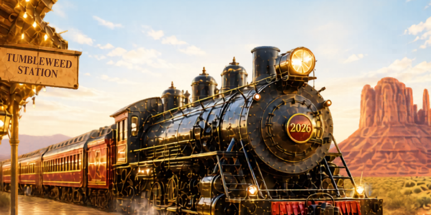 train arriving at Tumbleweed Station