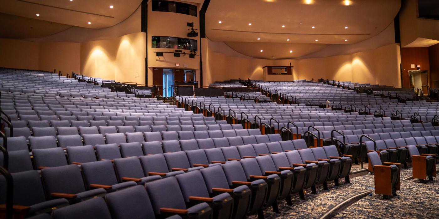 New blue theatre seating in the Steena Murray Mainstage Theatre