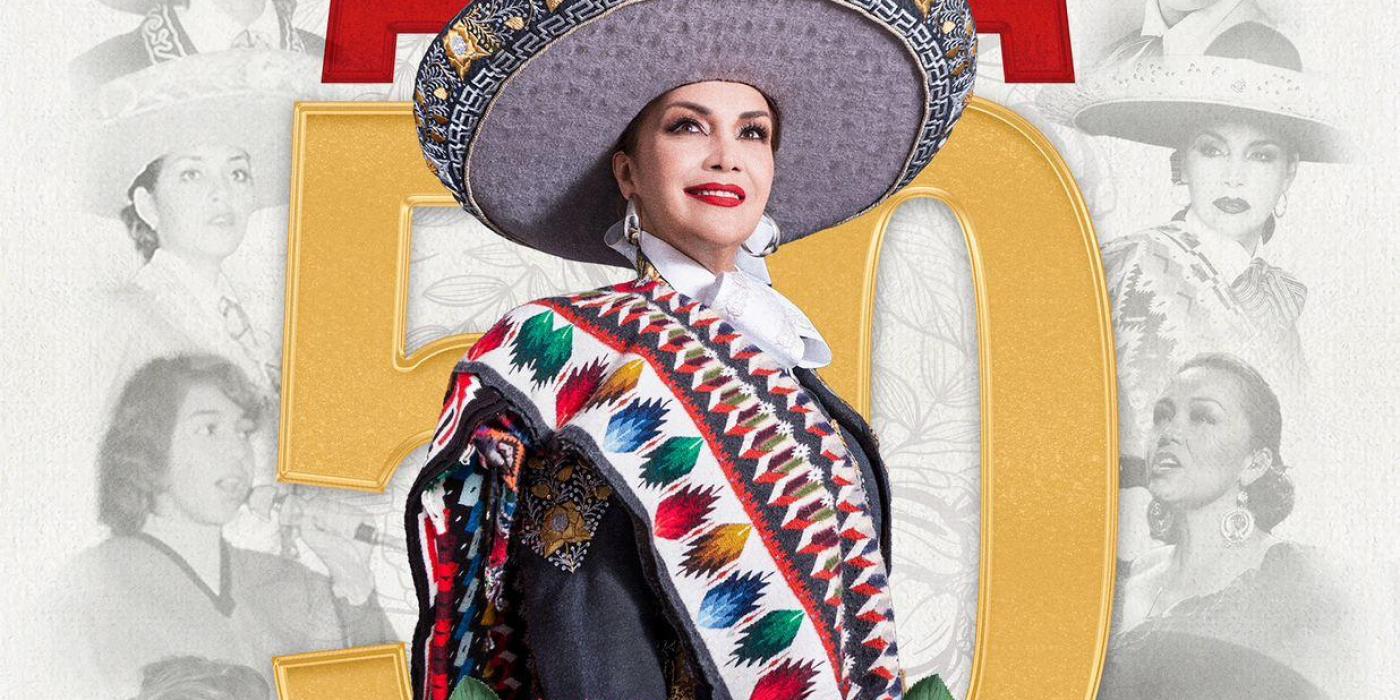 50 years singing to Mexico Aida Cuevas dressed in mariachi attire with images of her throughout the years