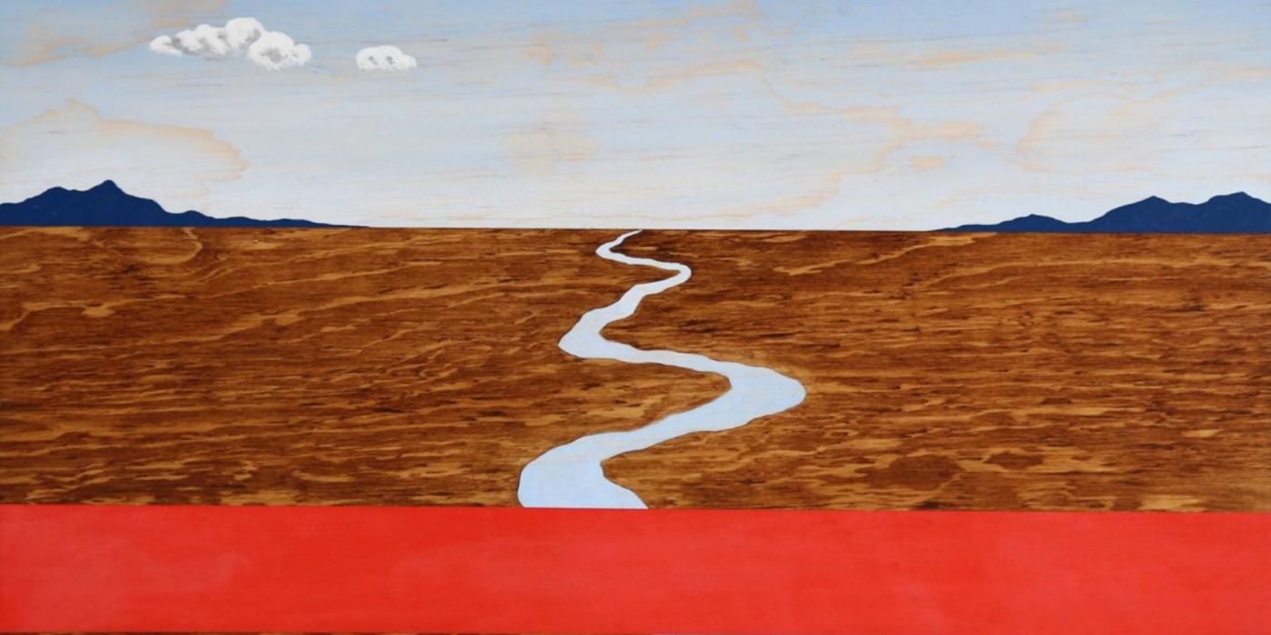 painted desert landscape with a river flowing down the middle into the distance. There is a thick red line across the bottom of the artwork and clouds in the sky. There are mountains in the distance.