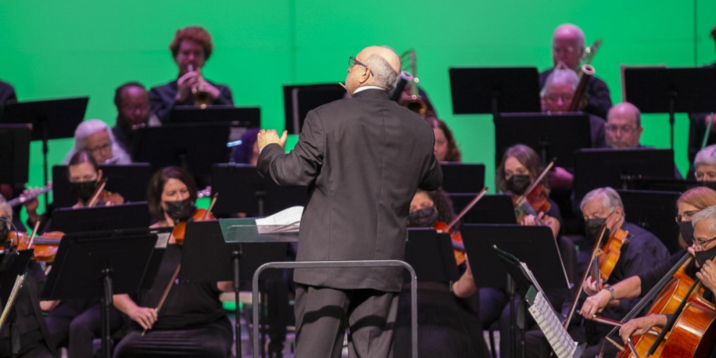 Musicians in a symphony play while the conductor stands in front of them, his back to the camera