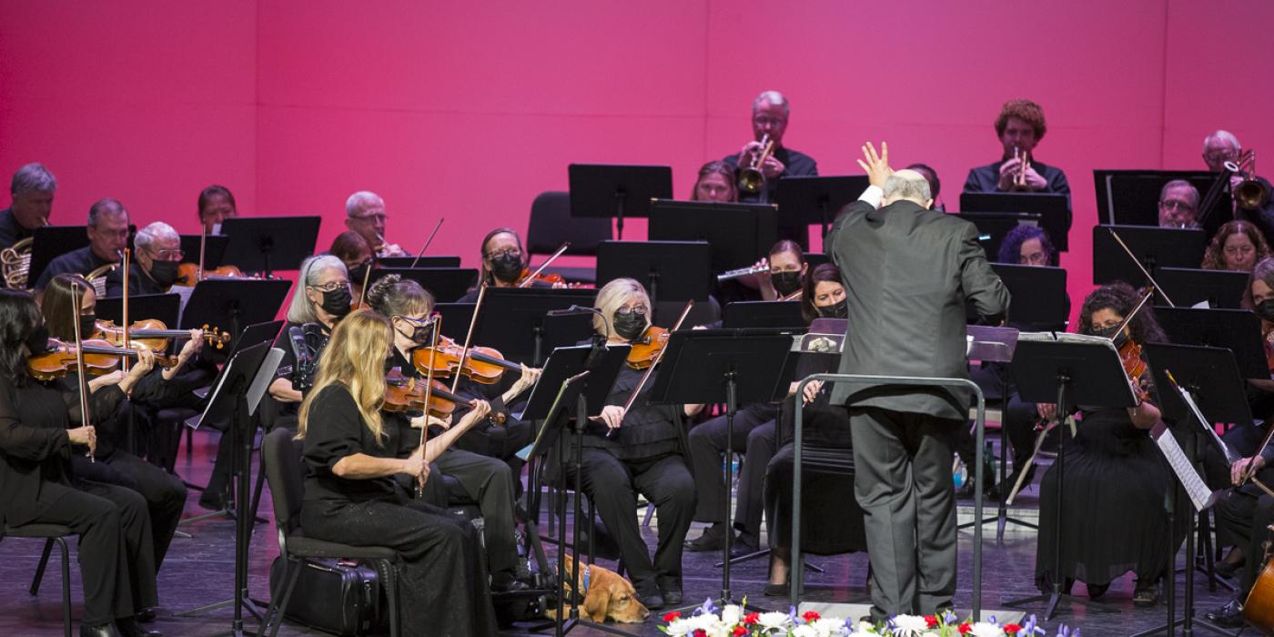 Orchestra performing with conductors back facing audience, one arm in the air dramatically. 