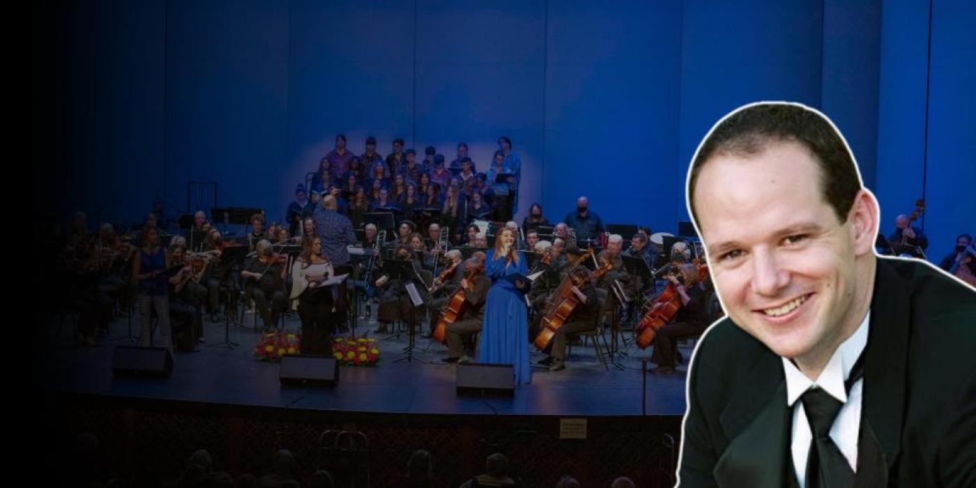 Jordan Bluth's headshot with the Chandler Symphony Orchestra in the background