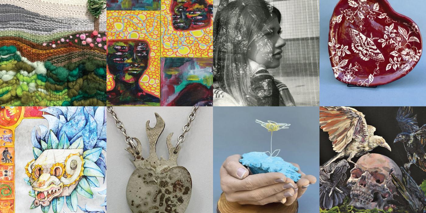 eight different images with fabrics and paint.