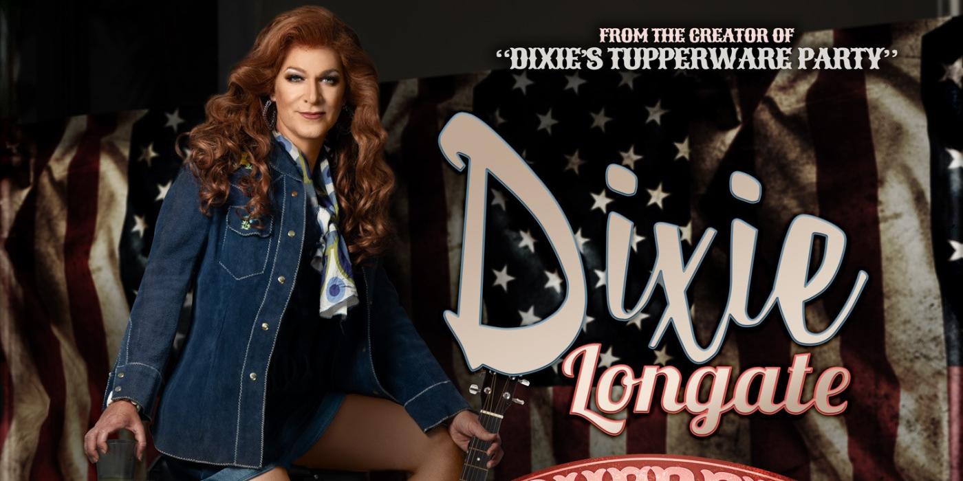 A woman with long red hair poses with a guitar and a title nearby says Dixie Longate: Cherry Bombs and Bottle Rockets