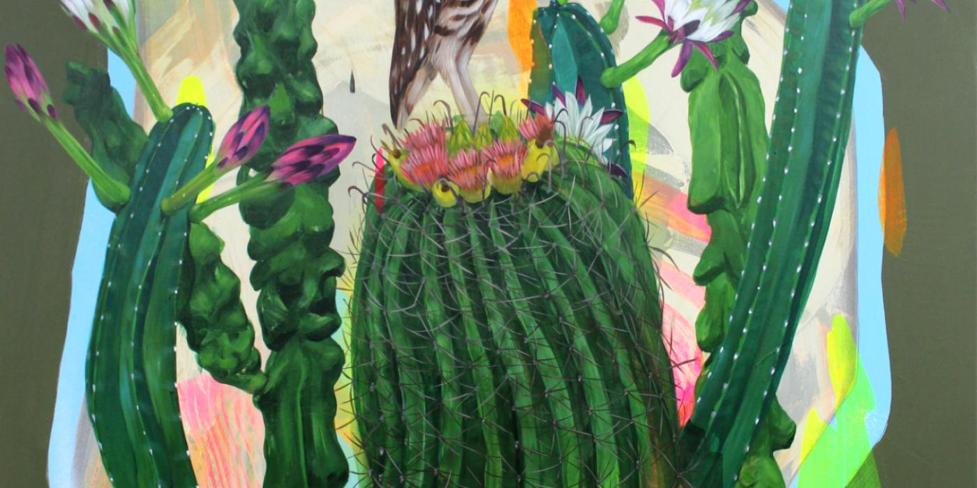 painting of an oil sitting on top of a cactus with colors of pink and yellow and blue behind it