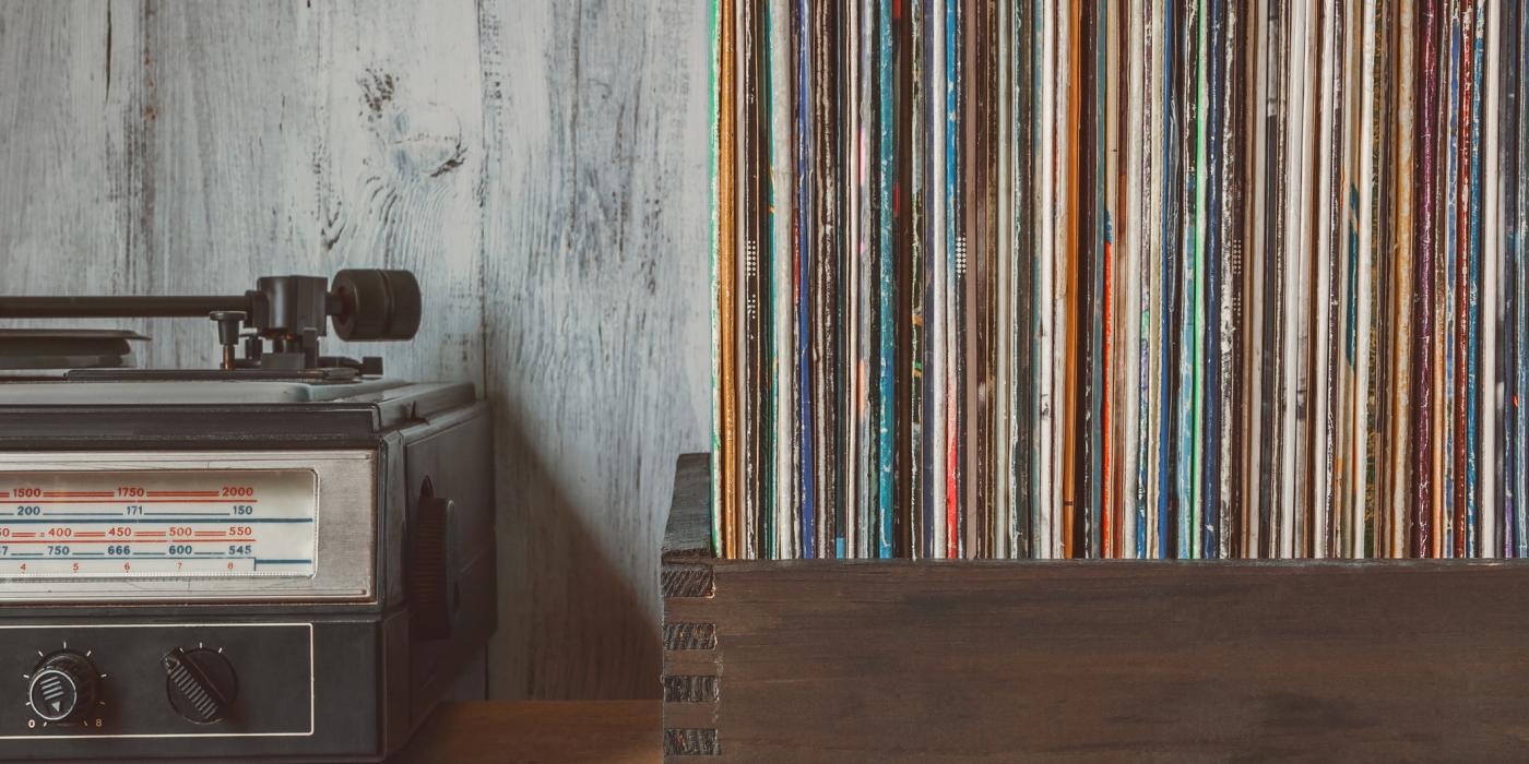 Honoring the more than 400 songs written by Carole King the photo shows a box of records and a record player
