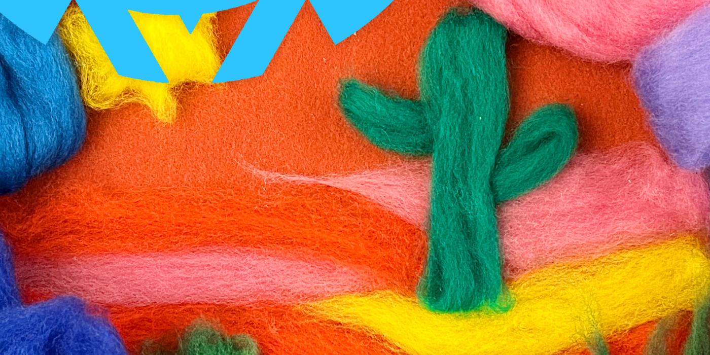 Felt fabric in colors of green red orange yellow pink blue that make up a cactus and some desert designs. The words Make and Take in the top left corner