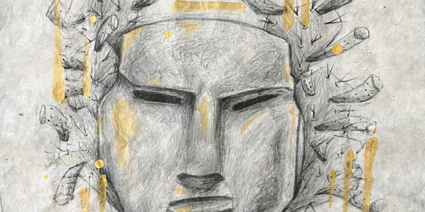 drawing of a face with cacti coming out of the head with gold paint lines surrounding 