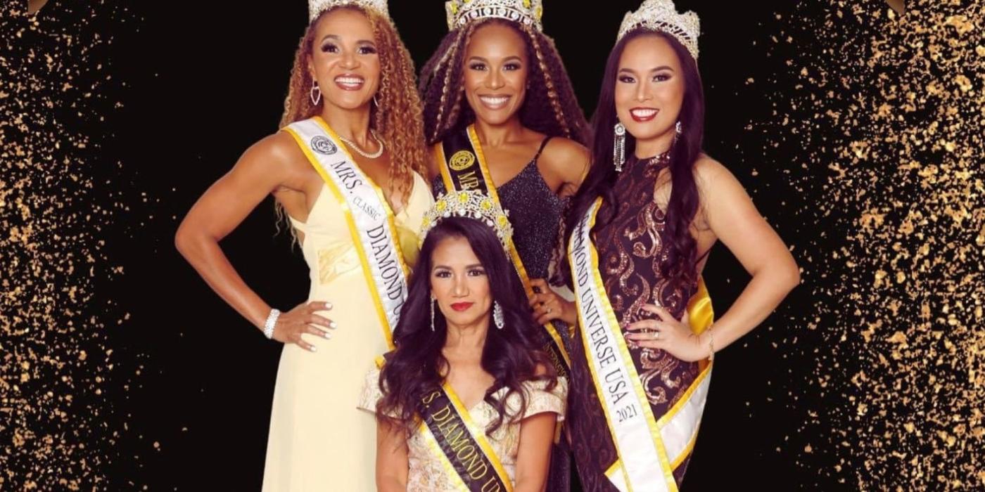 Four women wearing dresses, crowns and sashes