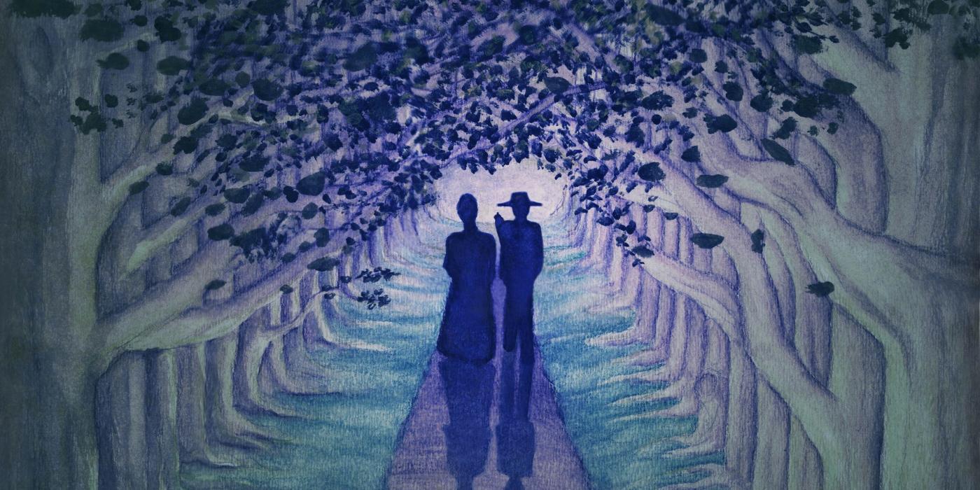 A watercolor image in purples and blues depicts the silhouette of two people walking down a tree lined avenue