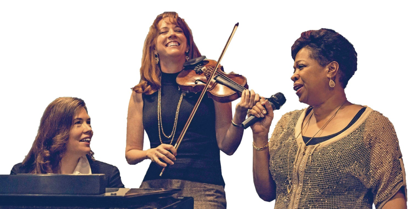 A pianist, violinist, and singer perform in front of a white background.