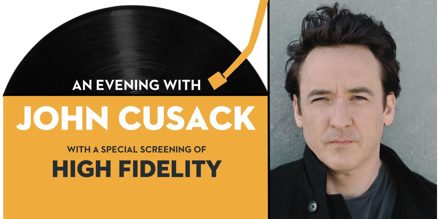 a record player over the words an evening with john cusack and a headshot of a man with brown hair to the right