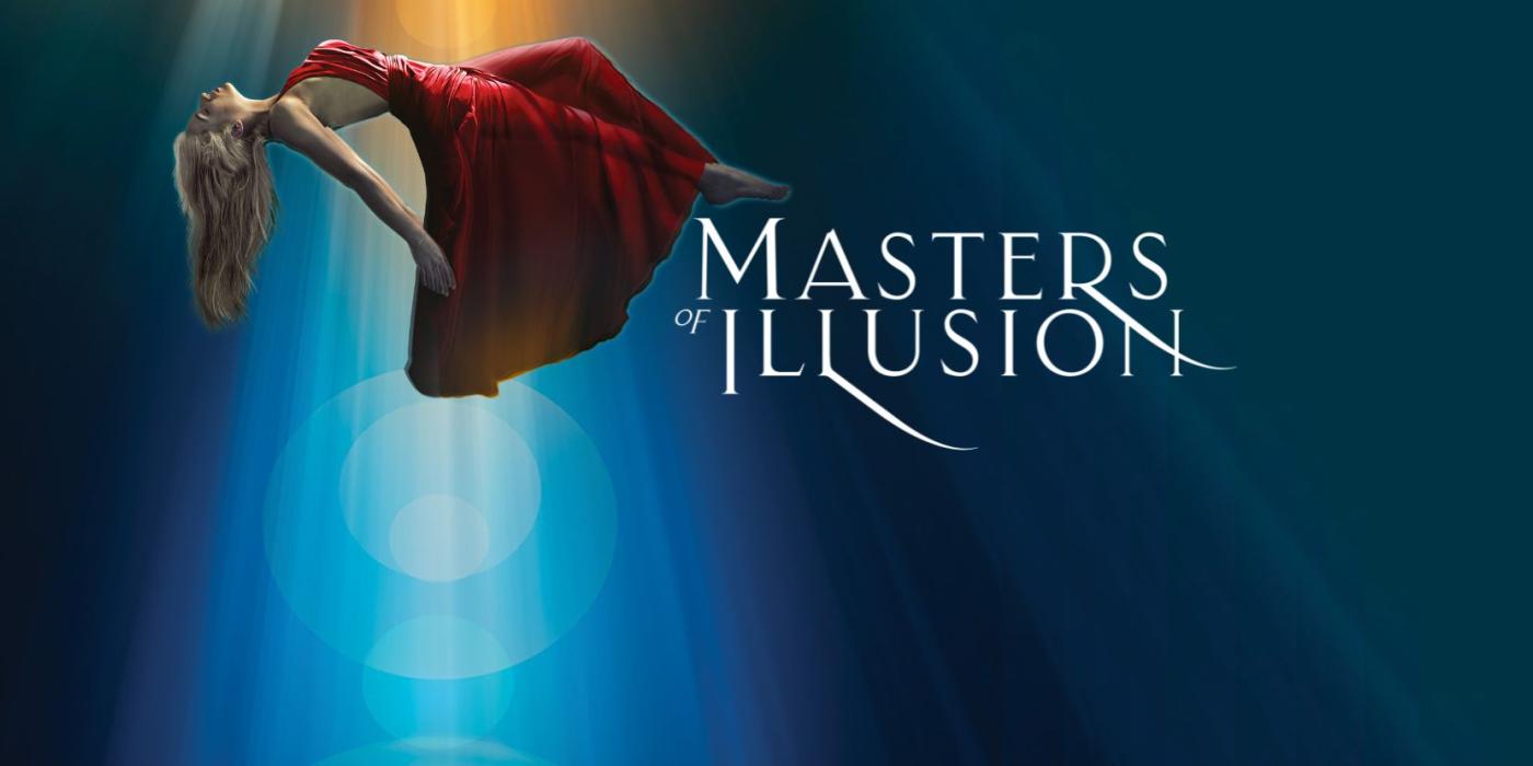 woman with blonde hair in a red dress floating chest up with a light coming down over her. the words "masters of Illusion" are written next to her