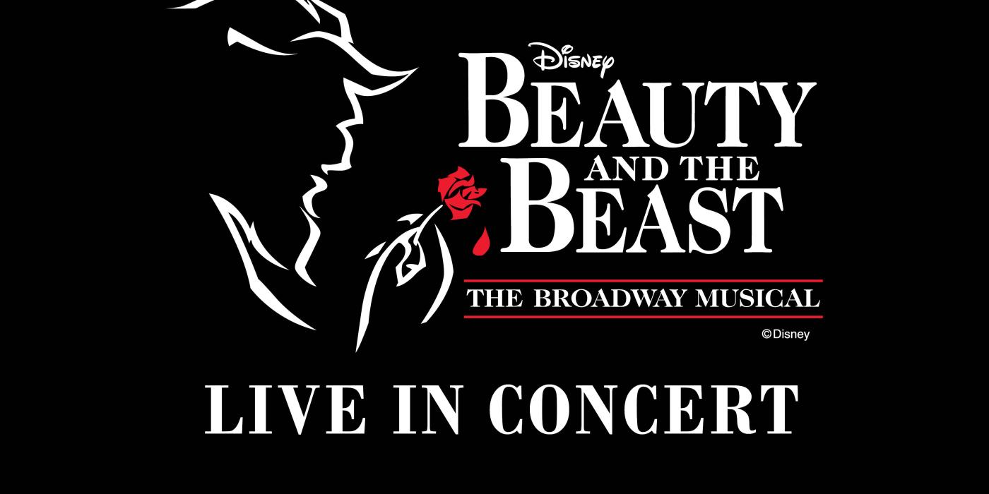 White outline of an image of a beast, holding a red rose. Text says Disneys Beauty and the Beast Live in Concert.