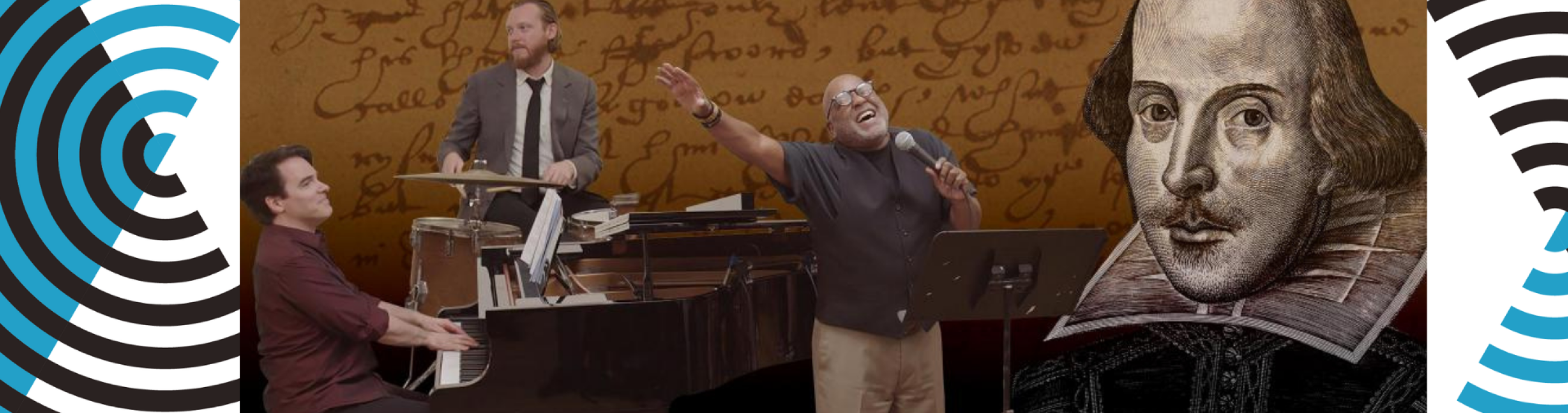 A vocalist, pianist, and drummer perform in front of a brown screen featuring a drawing of William Shakespeare.