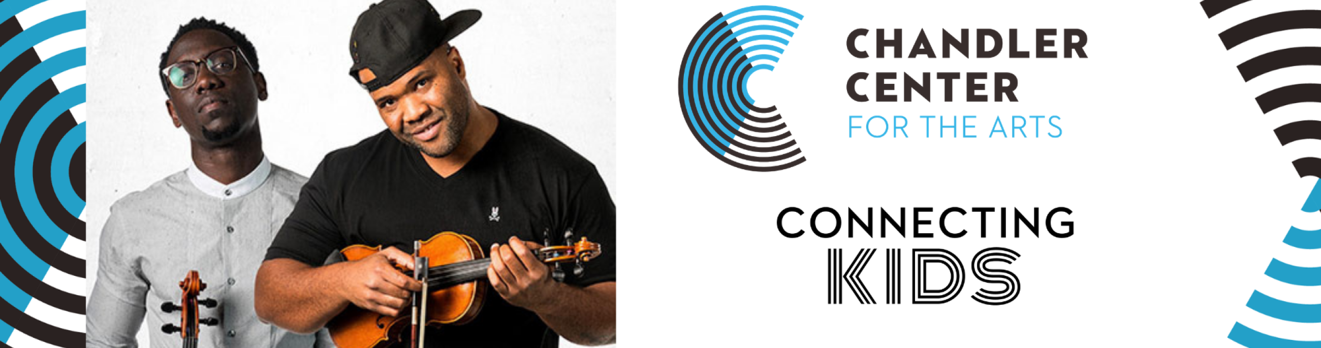 The two Black Violin performers pose next to the Chandler Center for the Arts Logo.