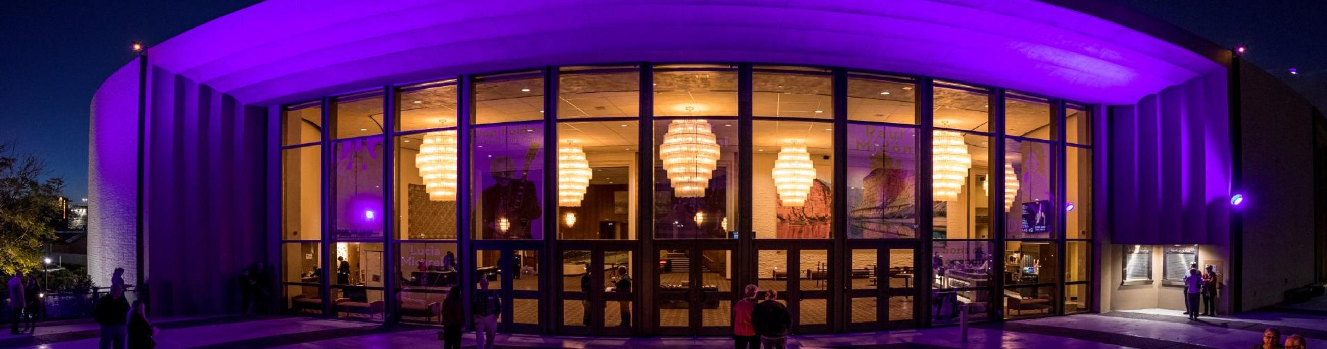 Chandler Center for the Arts exterior lit up with purple lights