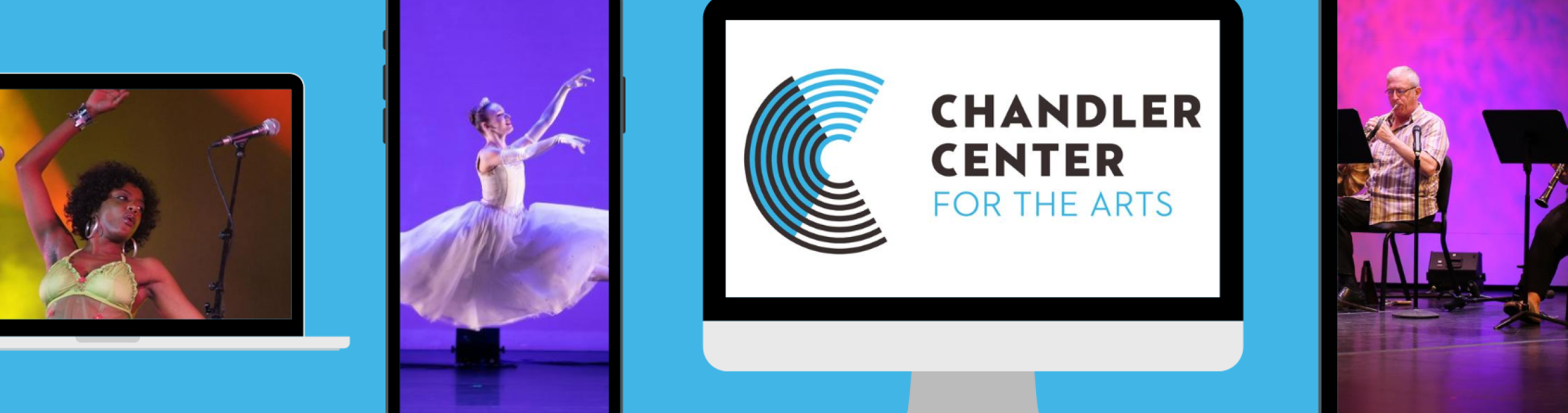 A laptop, mobile phone, desktop, and tablet display CCA Anywhere artists on their screen.