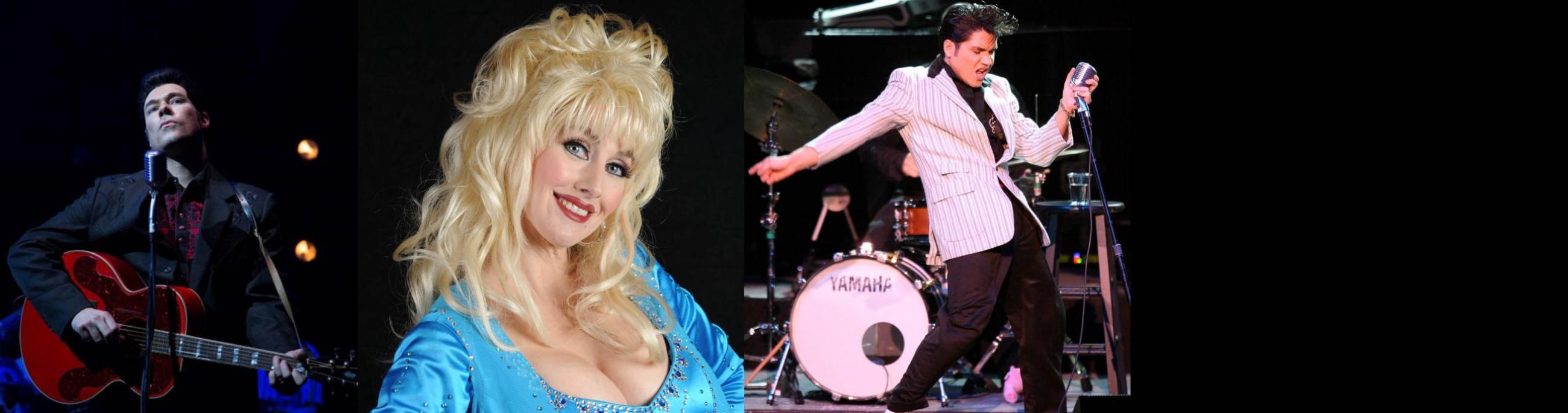 image of tribute performers for Johnny Cash, Elvis and Dolly Parton