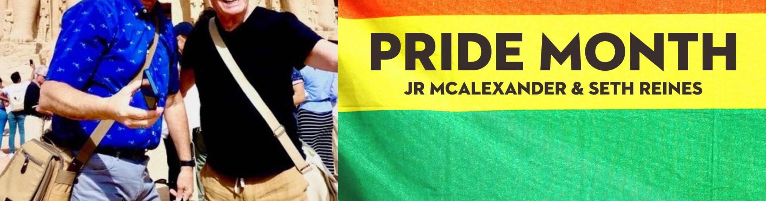 two white men standing in egypt , the right side has a rainbow flag and the words pride month on it