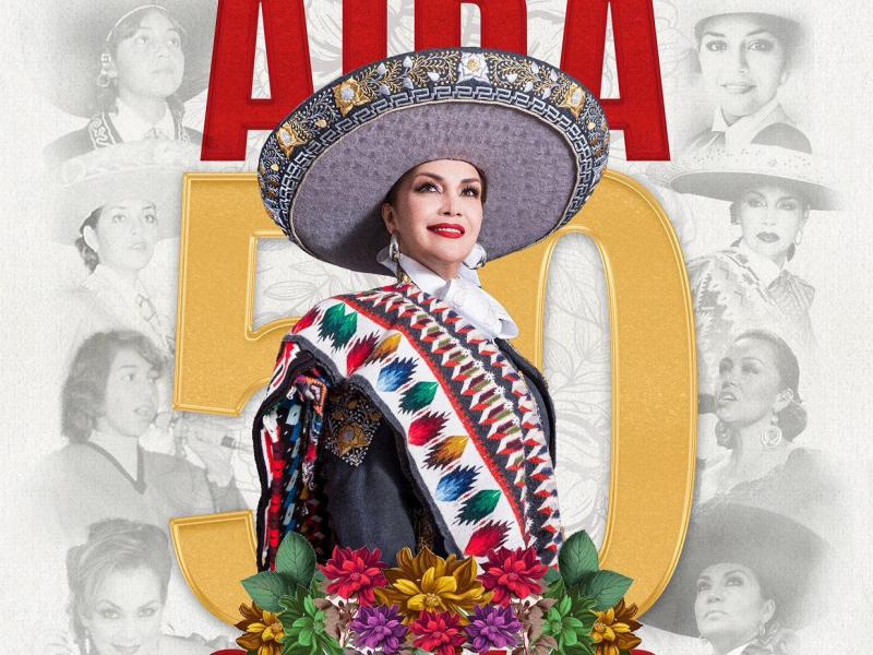 50 years singing to Mexico Aida Cuevas dressed in mariachi attire with images of her throughout the years
