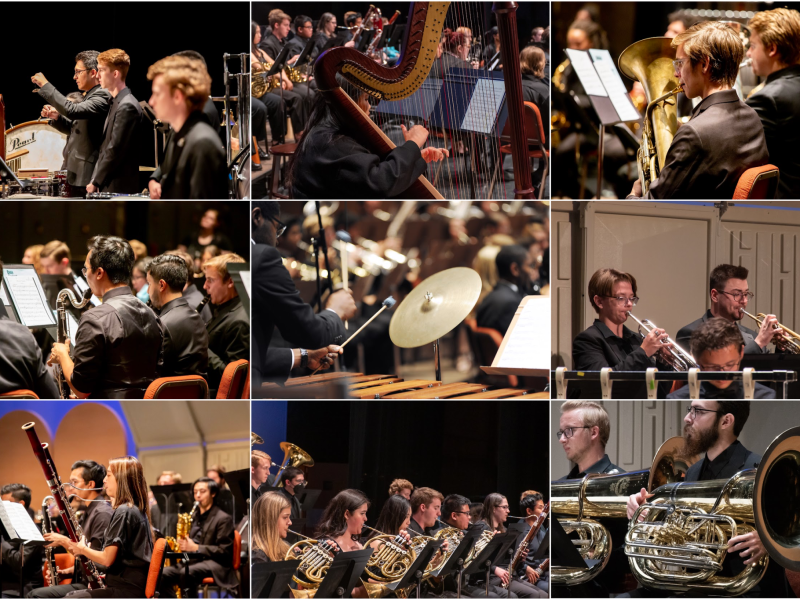 Collage of students playing instruments