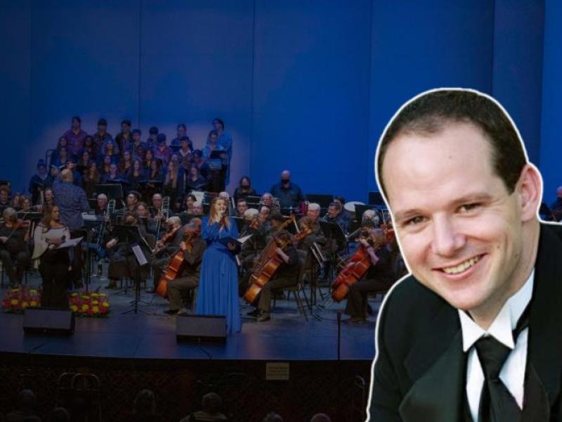 Jordan Bluth's headshot with the Chandler Symphony Orchestra in the background