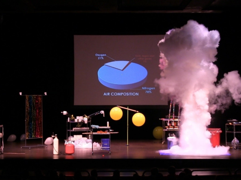 pie char of air composition on screen with smoke and other science related materials on stage