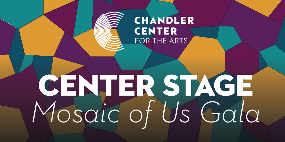 Colorful mosaic background with the white text "Center Stage Mosaic of Us Gala"