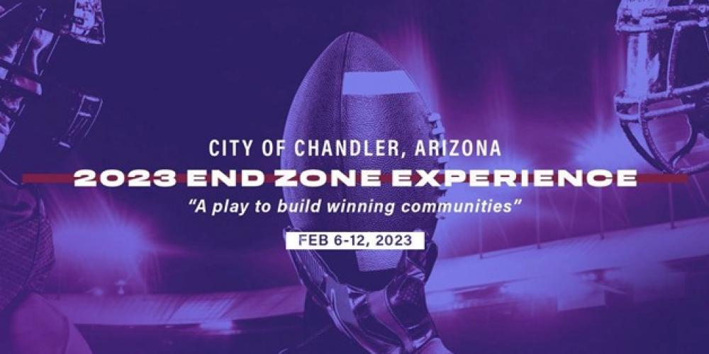 Purple image of a football and text that proclaims City of Chandler 2023 End Zone Experience