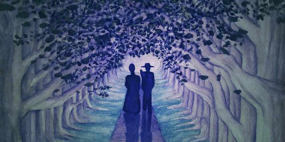 A watercolor image in purples and blues depicts the silhouette of two people walking down a tree lined avenue