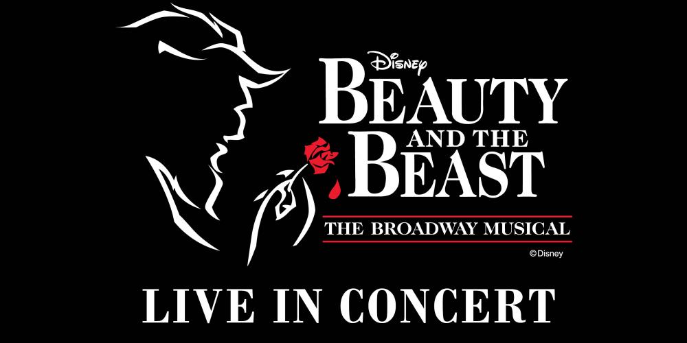 White outline of an image of a beast, holding a red rose. Text says Disneys Beauty and the Beast Live in Concert.