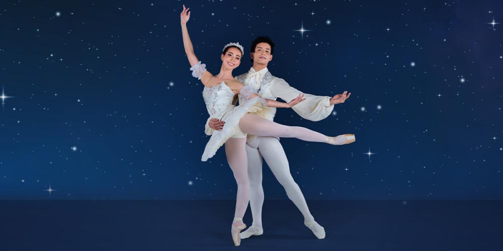 Two ballerinas dancing together against a night sky background