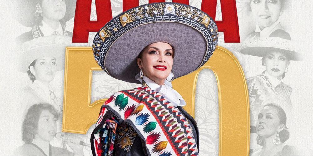 50 years singing to Mexico Aida Cuevas dressed in mariachi attire with images of her throughout the years