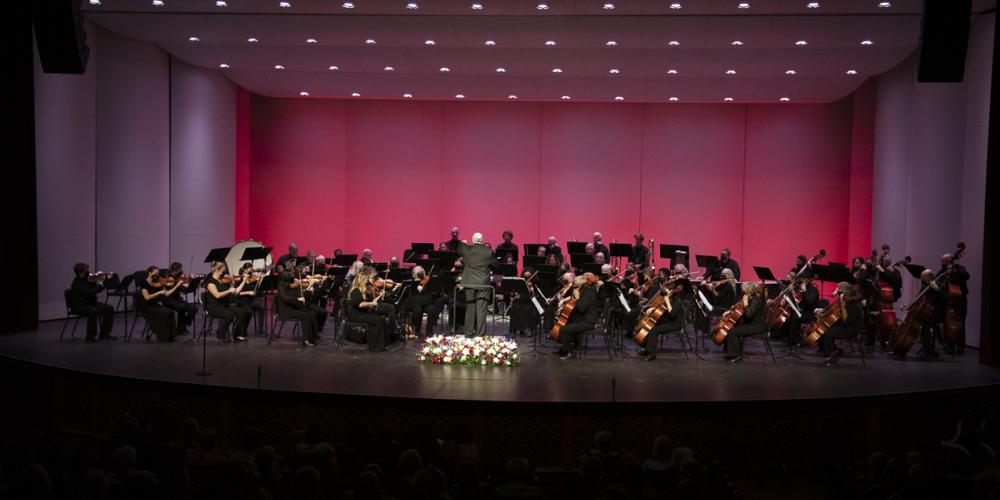 Photo of Chandler Symphony Orchestra against a pink backdrop
