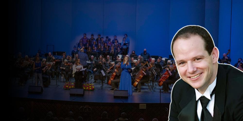 Jordan Bluth's headshot with the Chandler Symphony Orchestra in the background