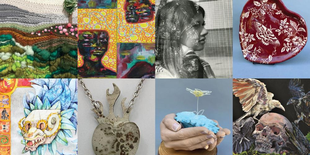 eight different images with fabrics and paint.