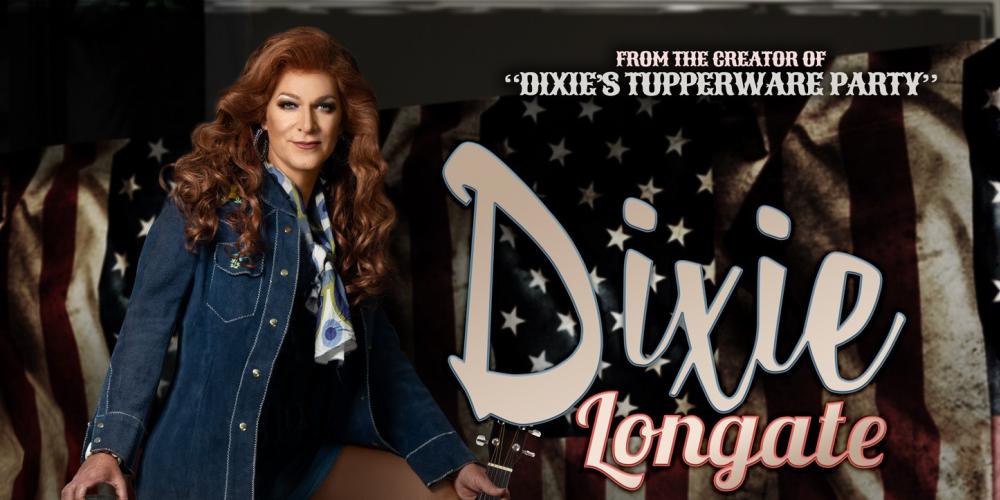 A woman with long red hair poses with a guitar and a title nearby says Dixie Longate: Cherry Bombs and Bottle Rockets