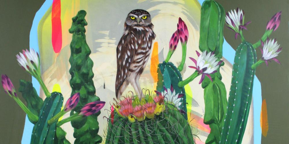 painting of an oil sitting on top of a cactus with colors of pink and yellow and blue behind it