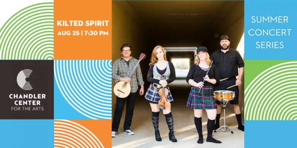 four people standing in kilts and holding instruments looking at the camera