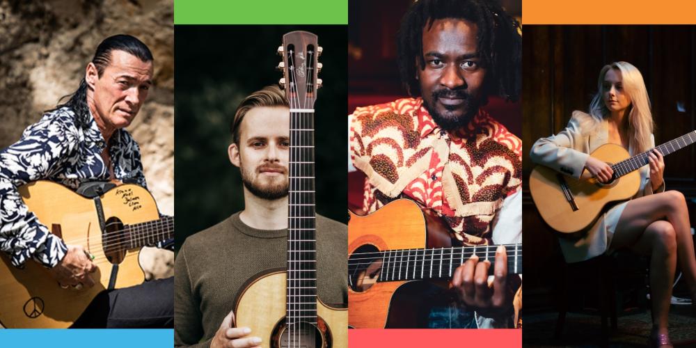 Four panels displaying the four guitarists participating in the concert - Lulo Reinhardt, Soenke Meinen, Niwel Tsumbu, Alexandra Whitingham. 