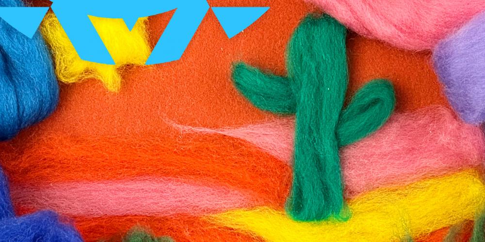 Felt fabric in colors of green red orange yellow pink blue that make up a cactus and some desert designs. The words Make and Take in the top left corner